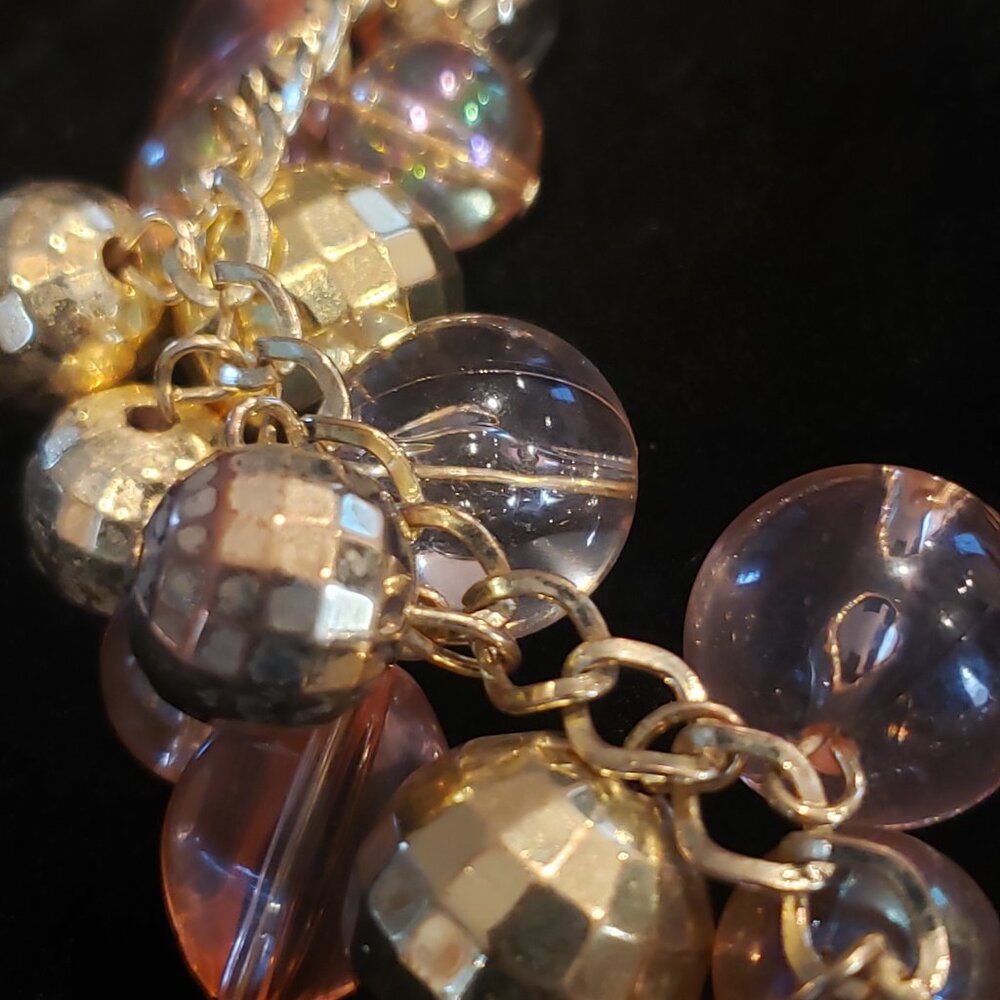 Retro Brass Tone Chain w/ Disco Ball and Peach Colored Beaded Necklace - Picture 3 of 11